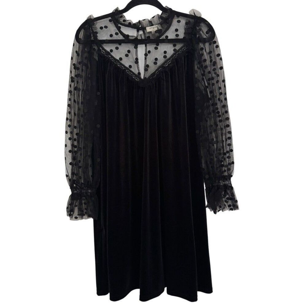 Umgee LARGE Black Velvet Sheer Swiss Polka Dot Neck Dress Whimsygoth Sheer